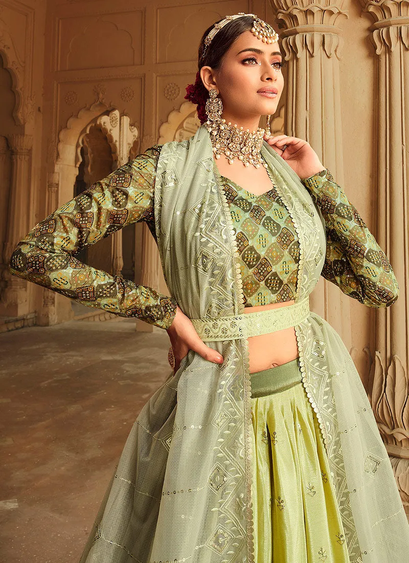 Light Green Shaded Embroidered Stylish Lehenga Choli