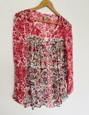 LUCKY BRAND Floral Sheer Blouse Sz XS Long Sleeve Botton Down V-Neck Boho