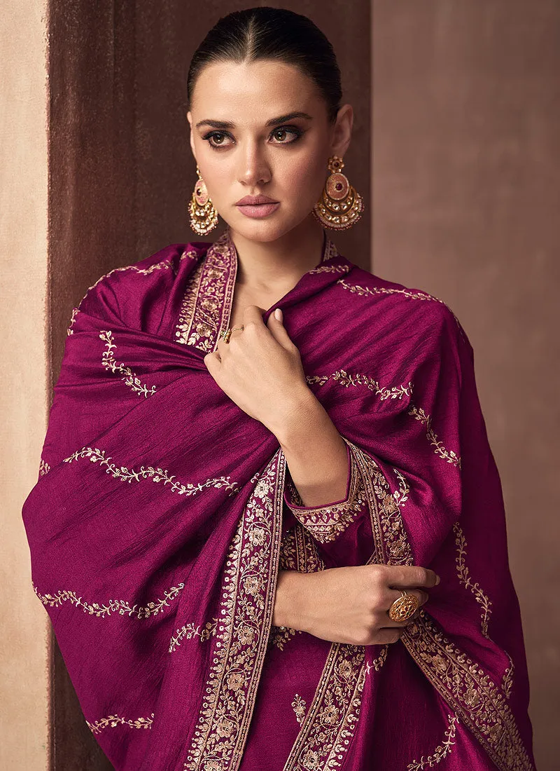 Magenta and Gold Embroidered Stylish Pant Suit