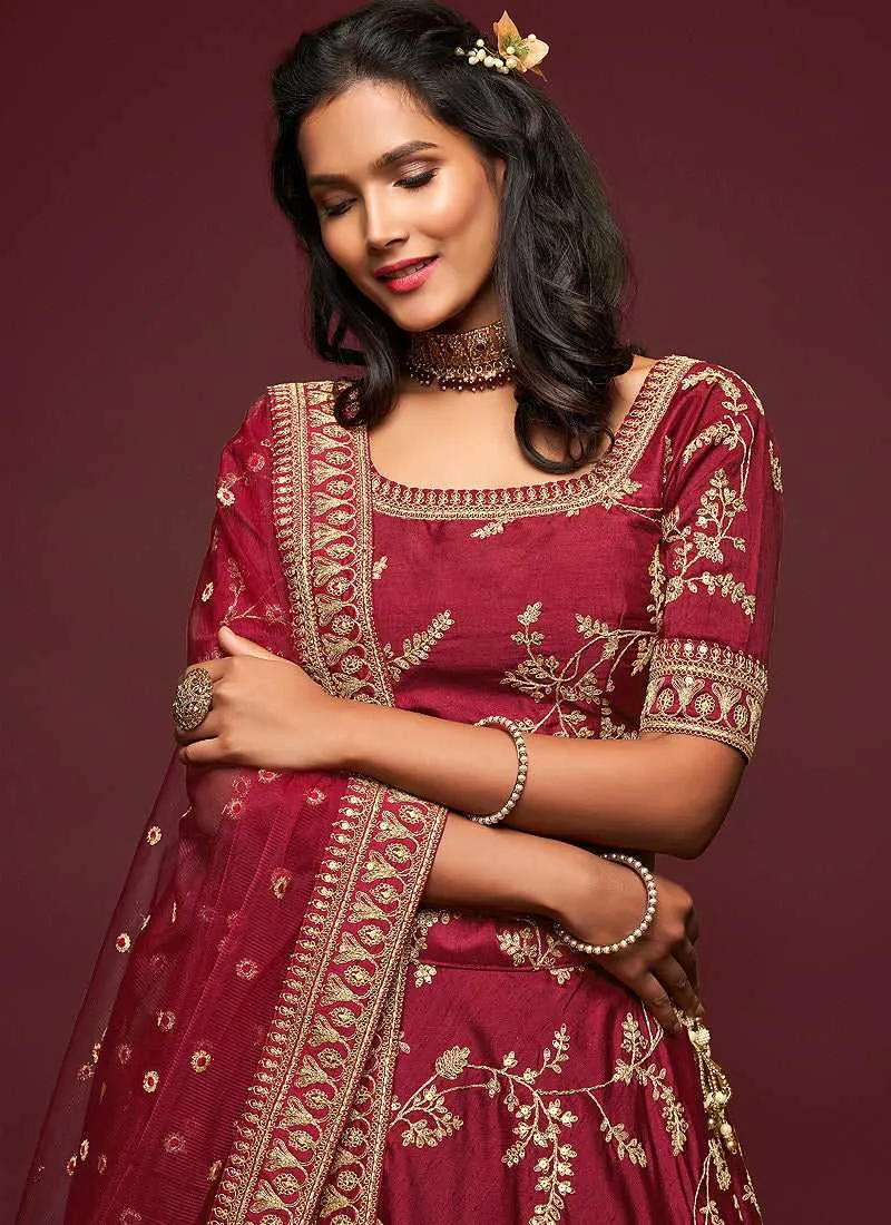 Maroon And Gold Silk Embroidered Stylish Lehenga Choli