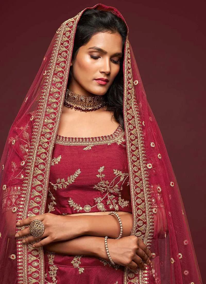 Maroon And Gold Silk Embroidered Stylish Lehenga Choli