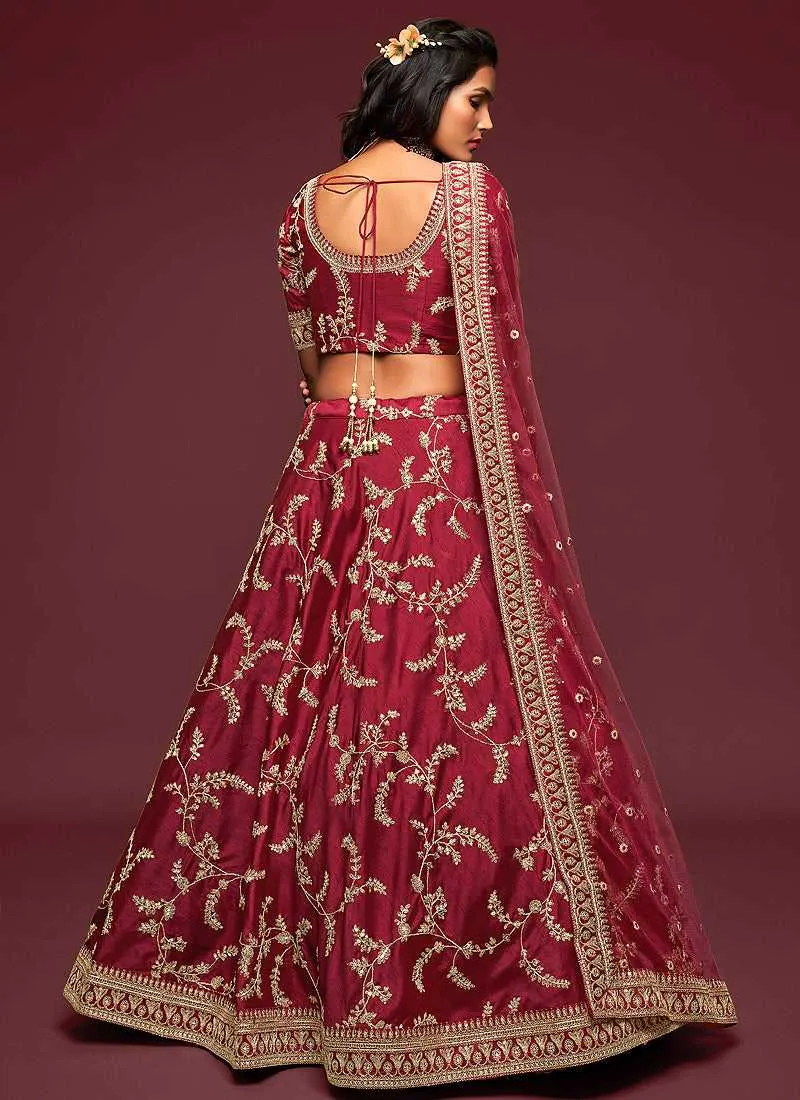 Maroon And Gold Silk Embroidered Stylish Lehenga Choli