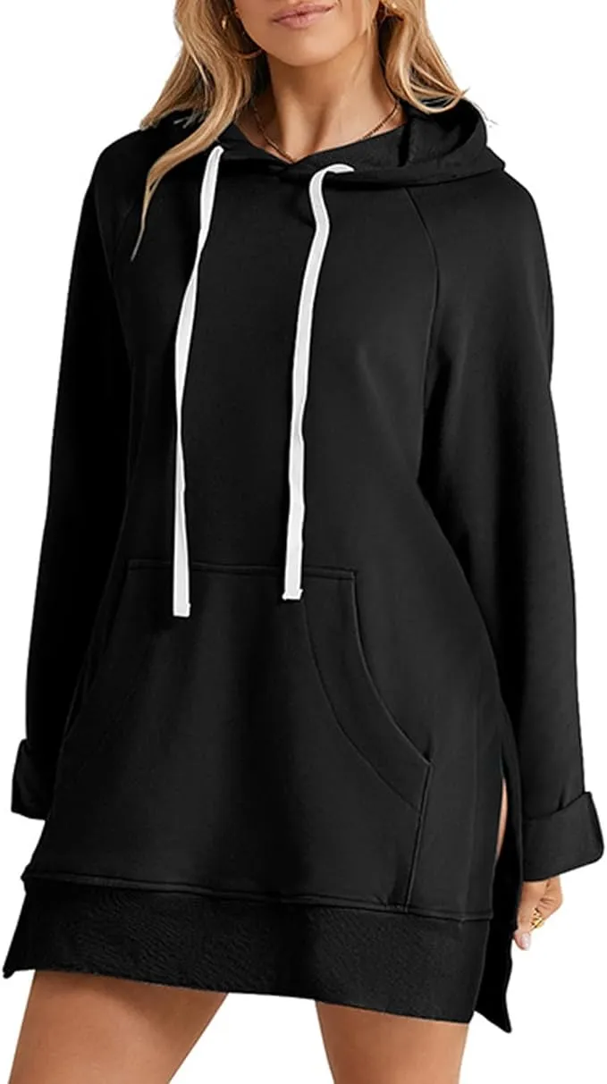 NEW The Warmy Oversized Hoodie Dress, First Ones Oversized Hoodies, Women's Casual Pullover Long Sleeve Split Hem - Color: Black - Size M - Retails $56 