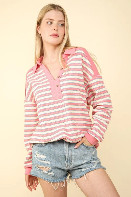 ***Pawney Notch Neck Striped Polo Top - 2 Colors Sample