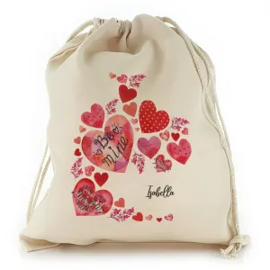 Personalised Canvas Sack with Stylish Text and Material Hearts Love Message Print