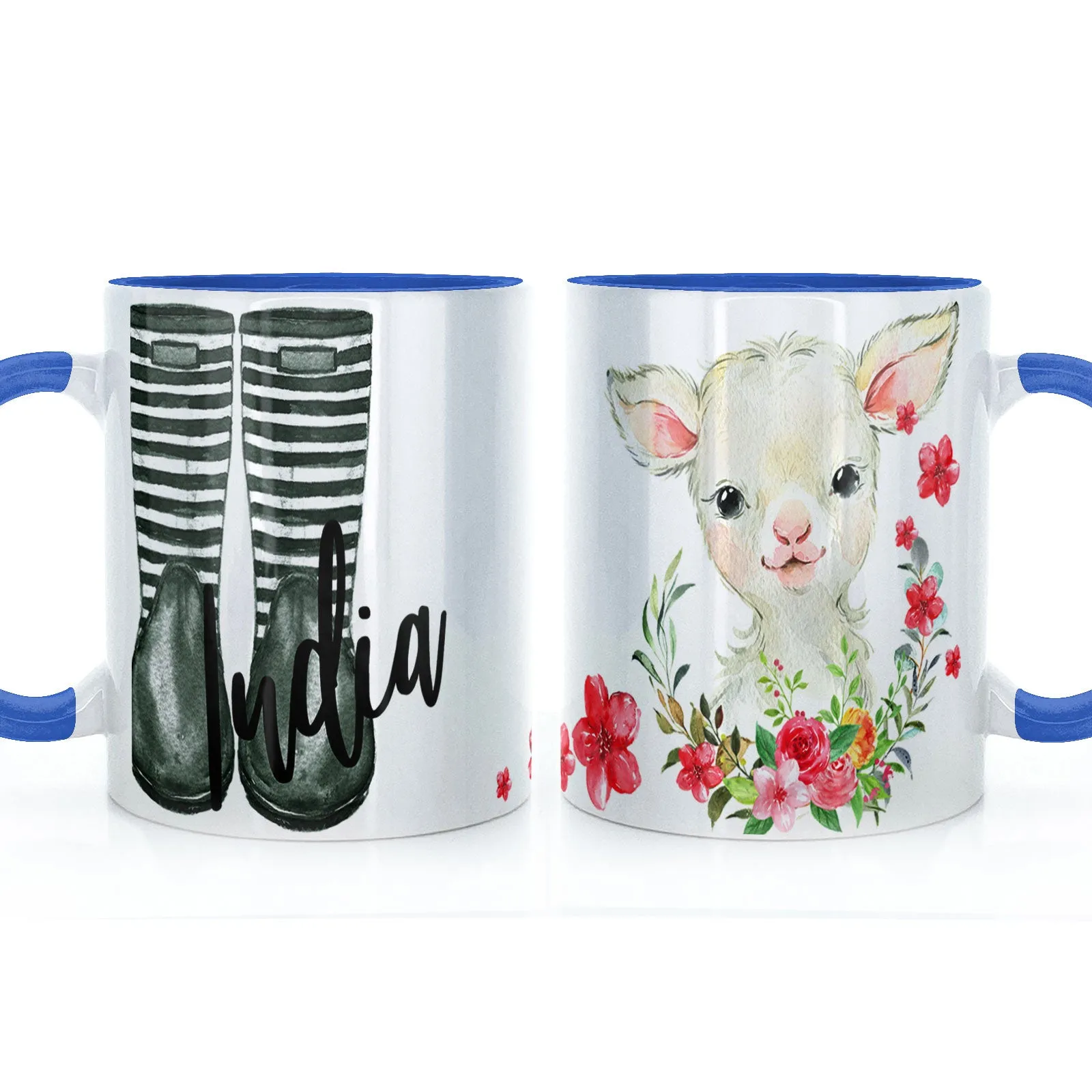 Personalised Mug with Stylish Text and Pink Flower Lamb & Green Striped Wellies