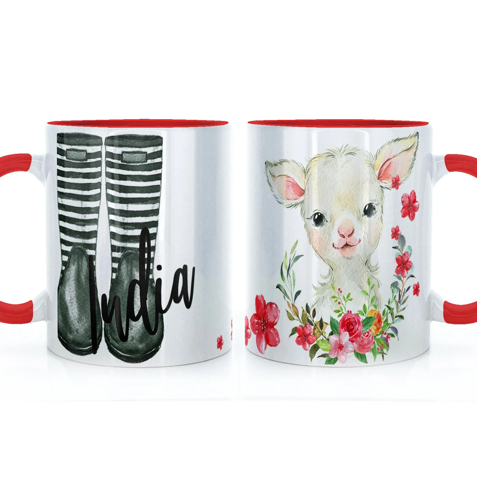 Personalised Mug with Stylish Text and Pink Flower Lamb & Green Striped Wellies