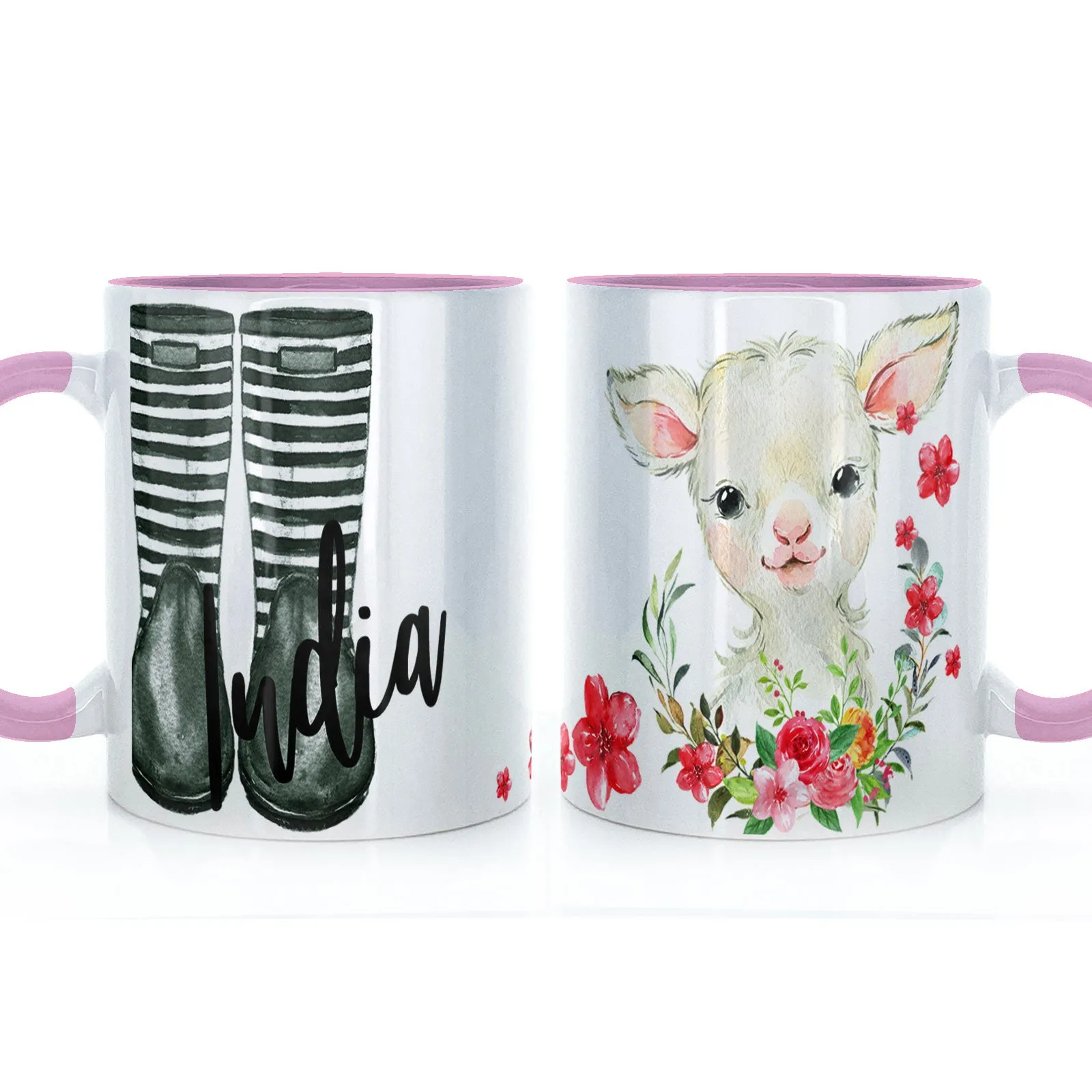 Personalised Mug with Stylish Text and Pink Flower Lamb & Green Striped Wellies