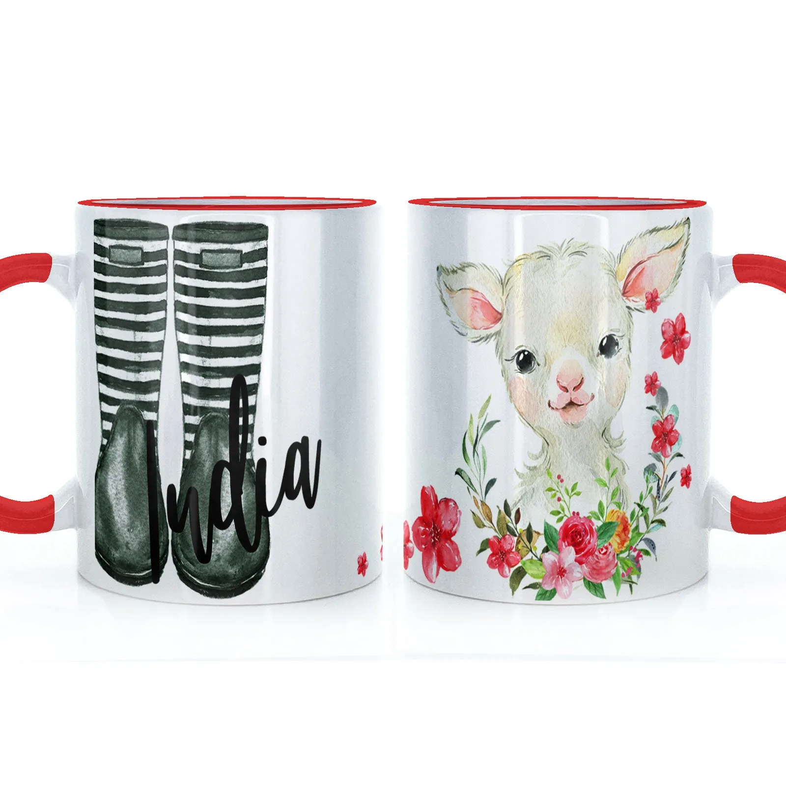 Personalised Mug with Stylish Text and Pink Flower Lamb & Green Striped Wellies