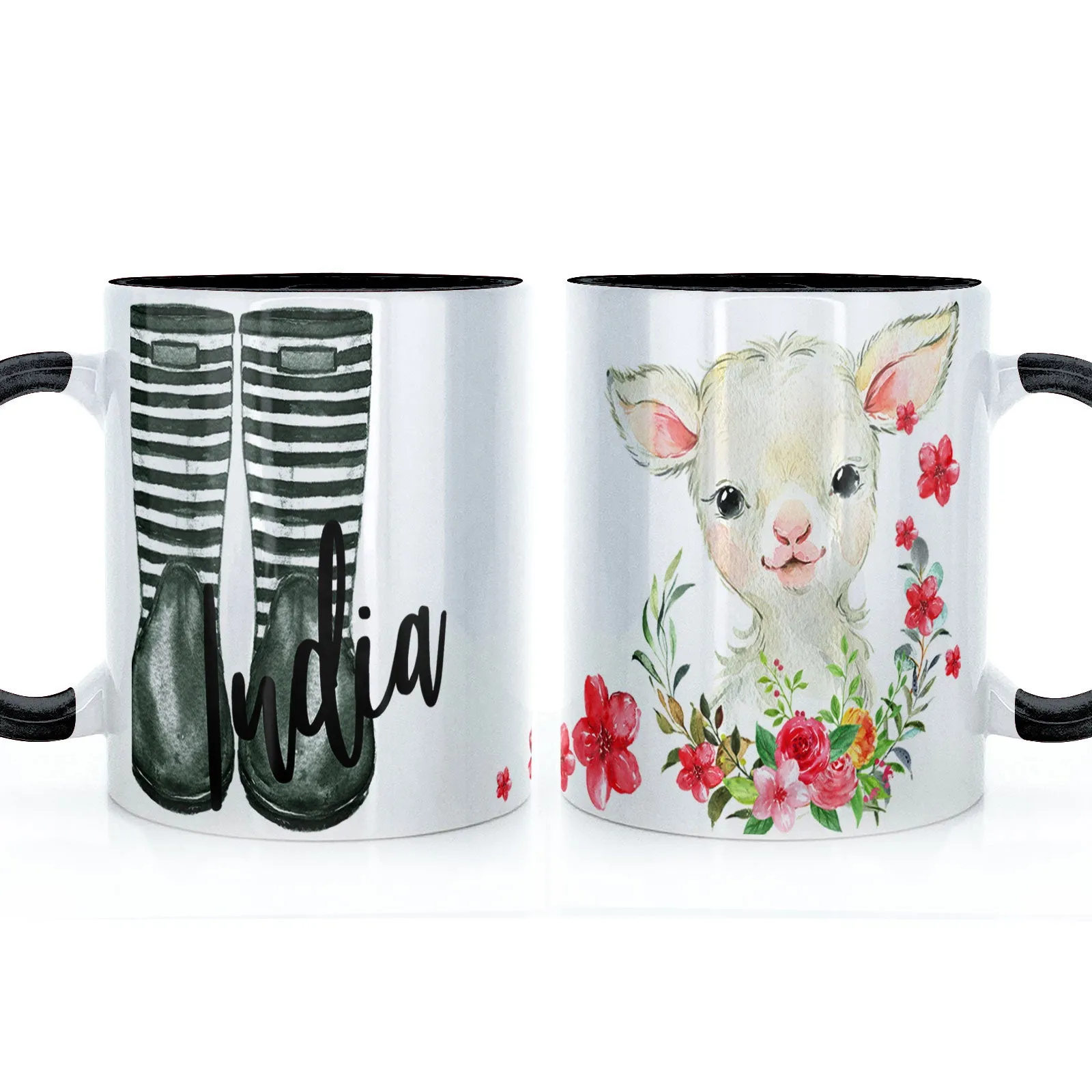 Personalised Mug with Stylish Text and Pink Flower Lamb & Green Striped Wellies