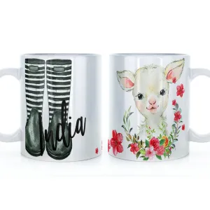 Personalised Mug with Stylish Text and Pink Flower Lamb & Green Striped Wellies