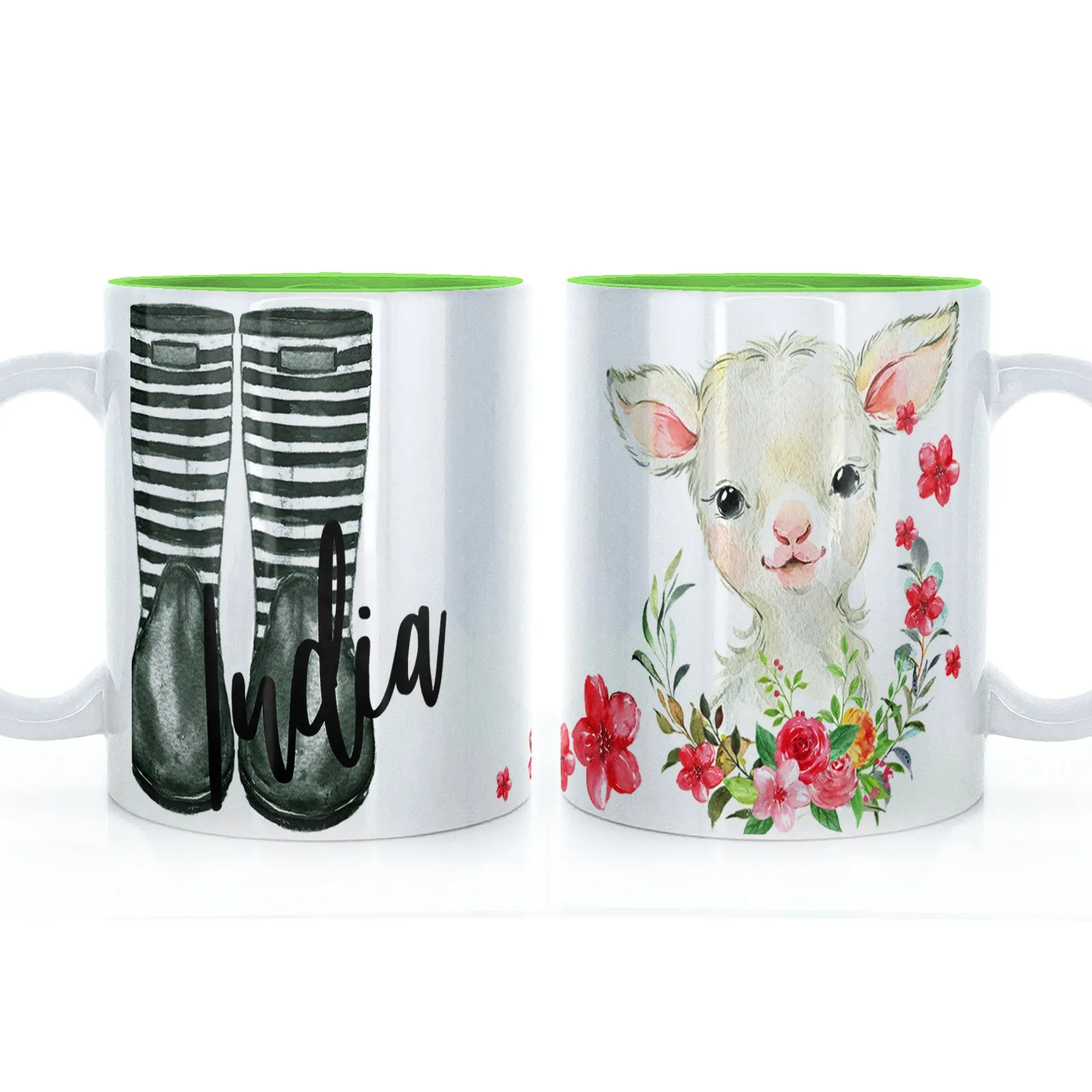 Personalised Mug with Stylish Text and Pink Flower Lamb & Green Striped Wellies