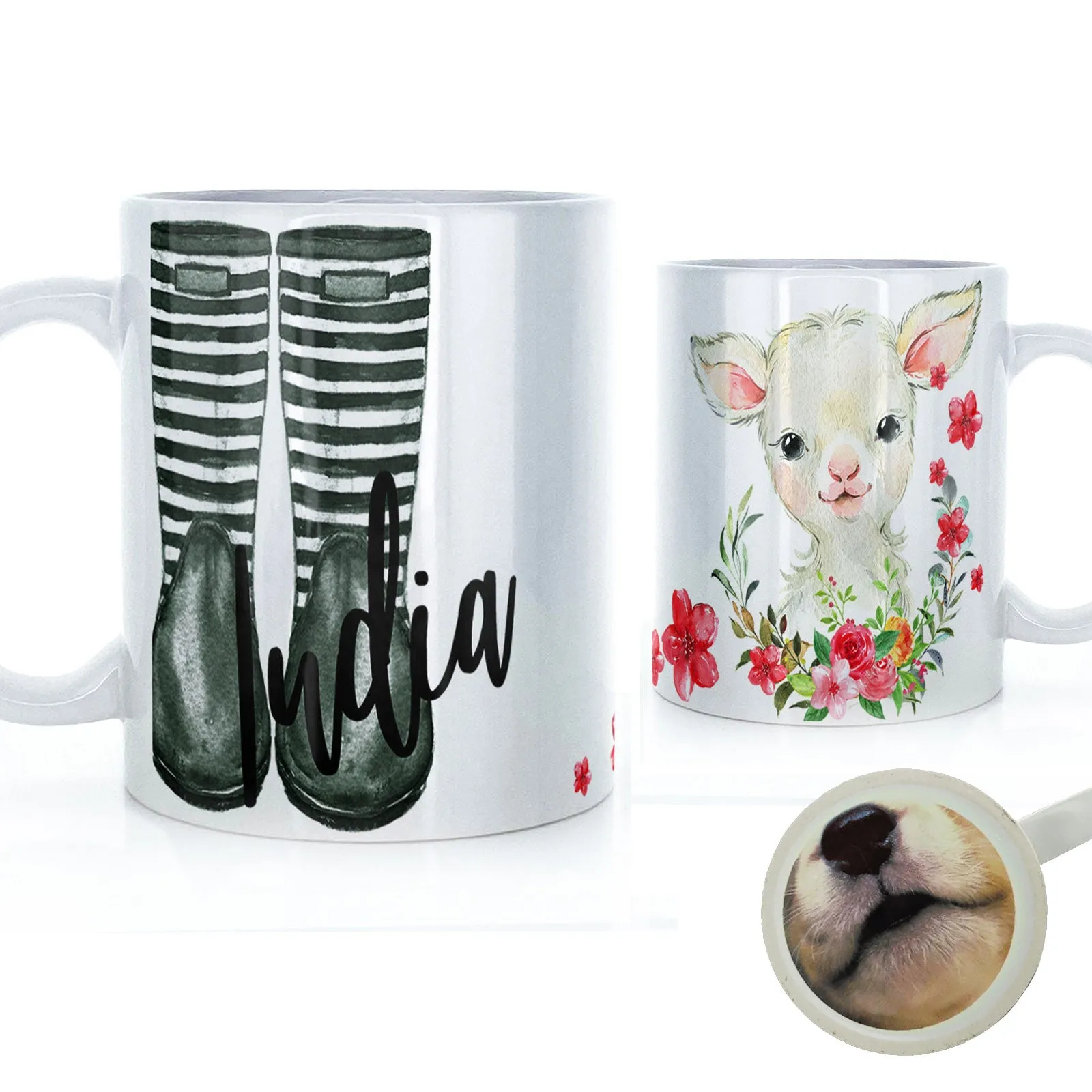 Personalised Mug with Stylish Text and Pink Flower Lamb & Green Striped Wellies