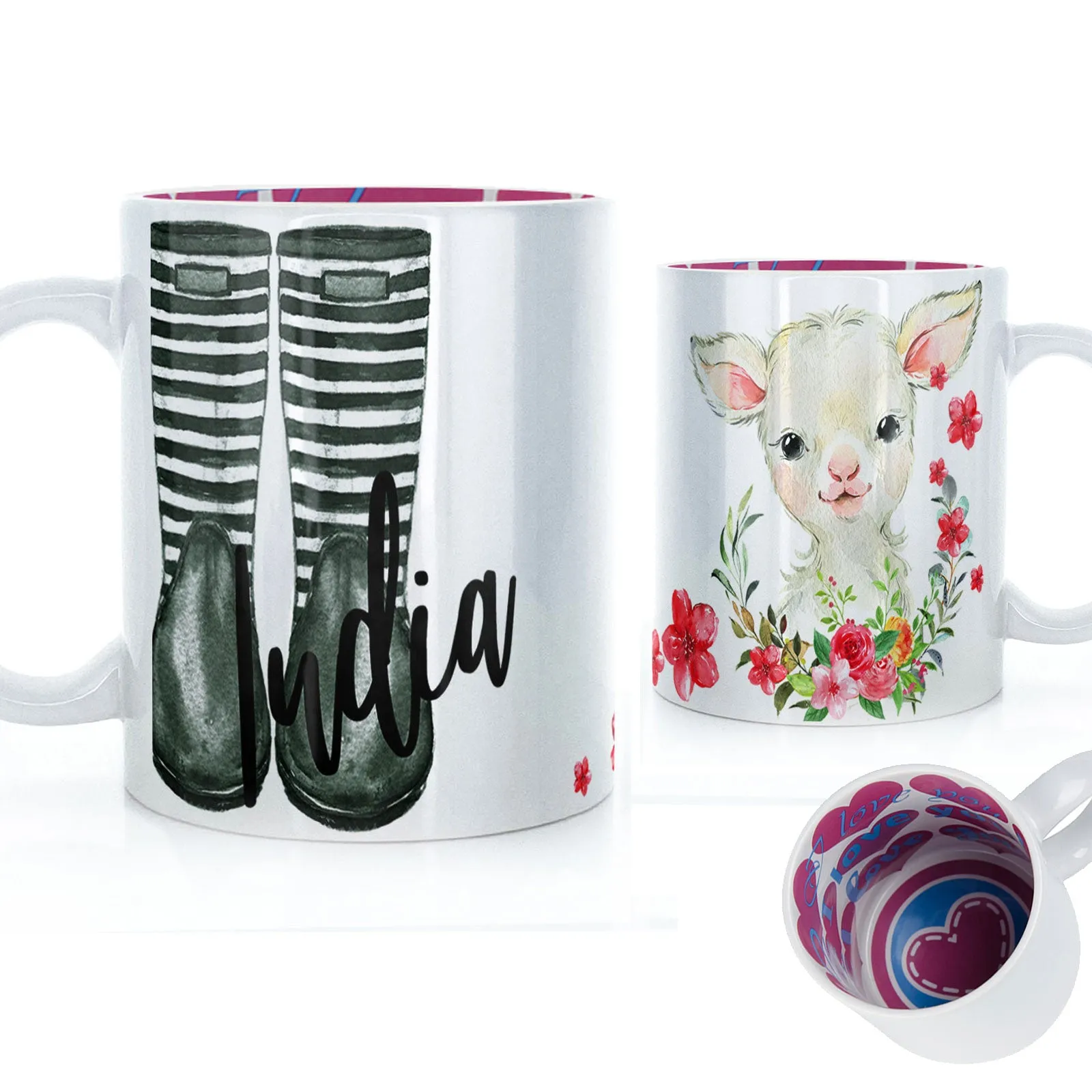Personalised Mug with Stylish Text and Pink Flower Lamb & Green Striped Wellies