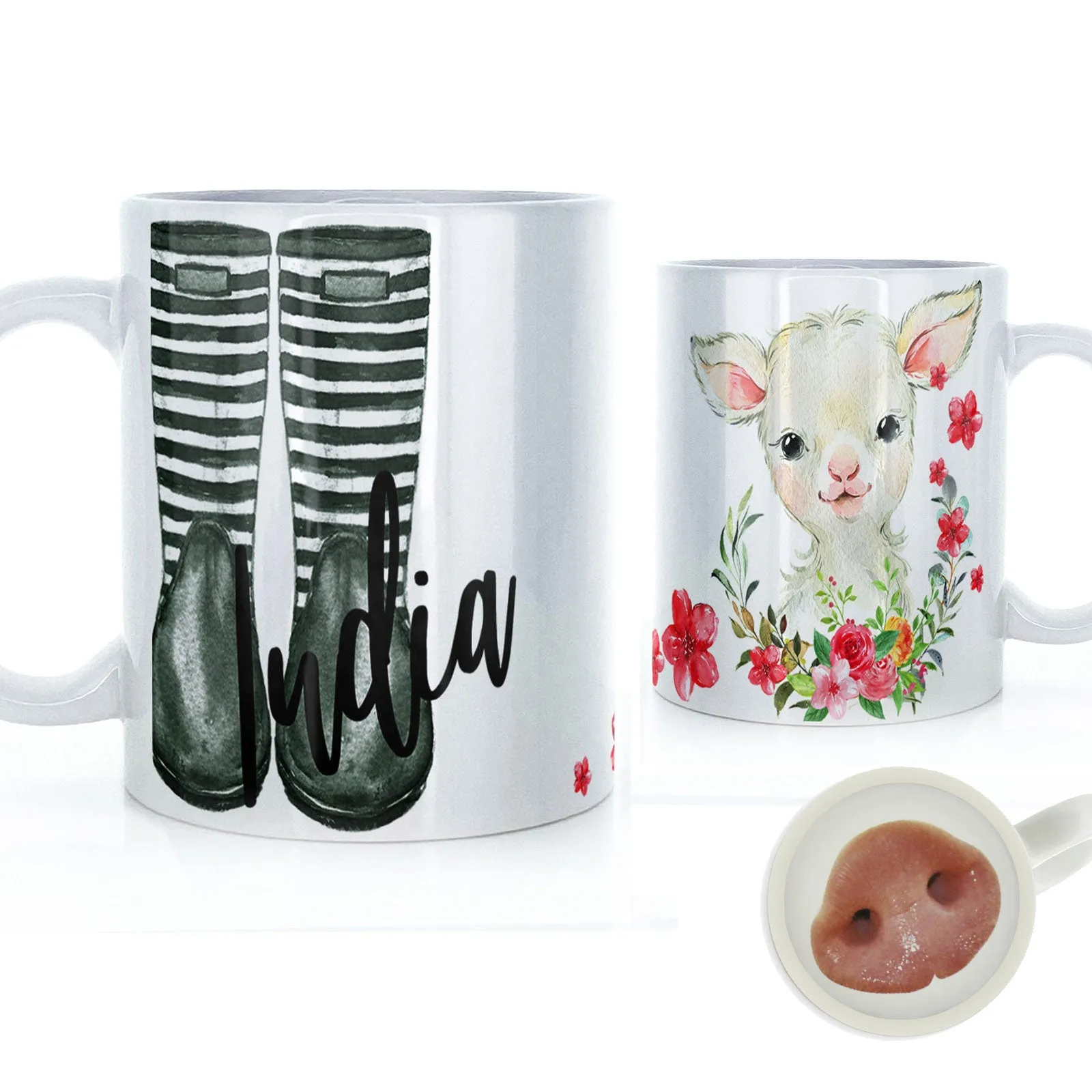 Personalised Mug with Stylish Text and Pink Flower Lamb & Green Striped Wellies