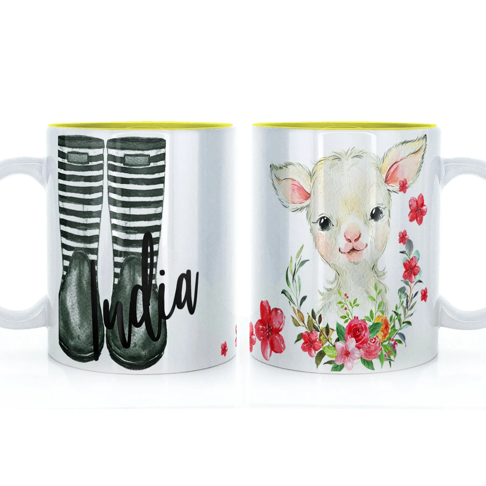 Personalised Mug with Stylish Text and Pink Flower Lamb & Green Striped Wellies