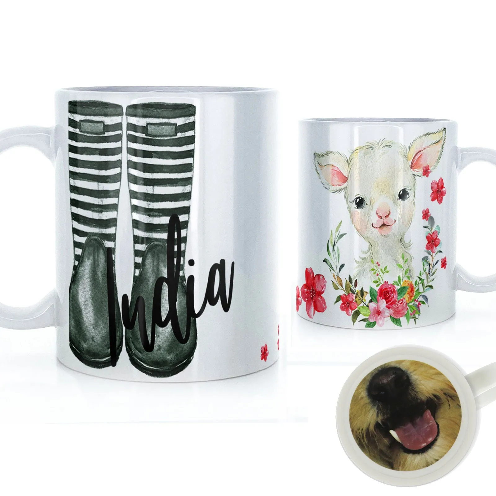 Personalised Mug with Stylish Text and Pink Flower Lamb & Green Striped Wellies
