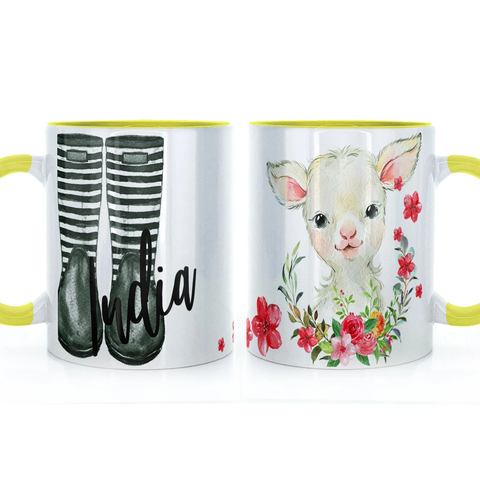 Personalised Mug with Stylish Text and Pink Flower Lamb & Green Striped Wellies