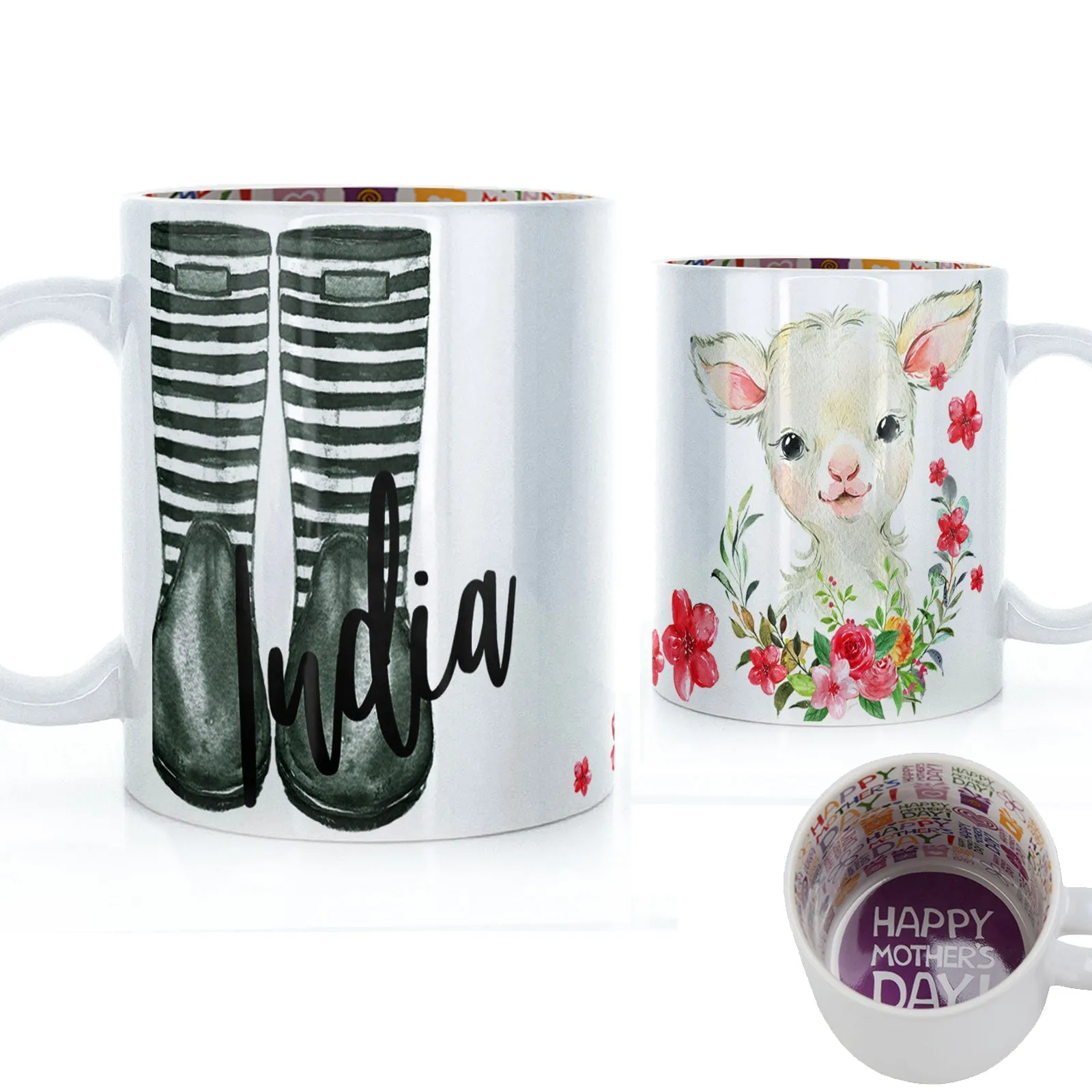 Personalised Mug with Stylish Text and Pink Flower Lamb & Green Striped Wellies