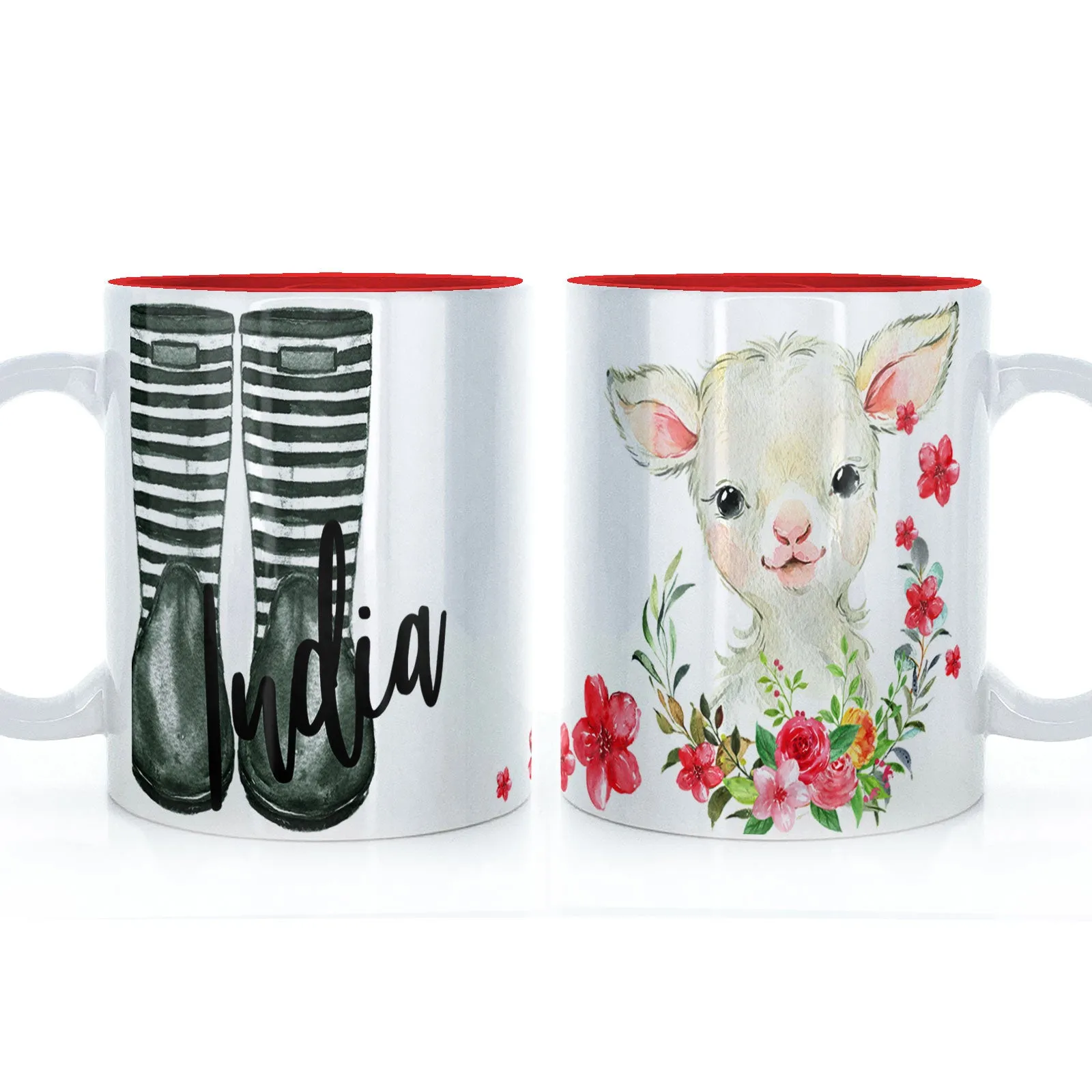 Personalised Mug with Stylish Text and Pink Flower Lamb & Green Striped Wellies