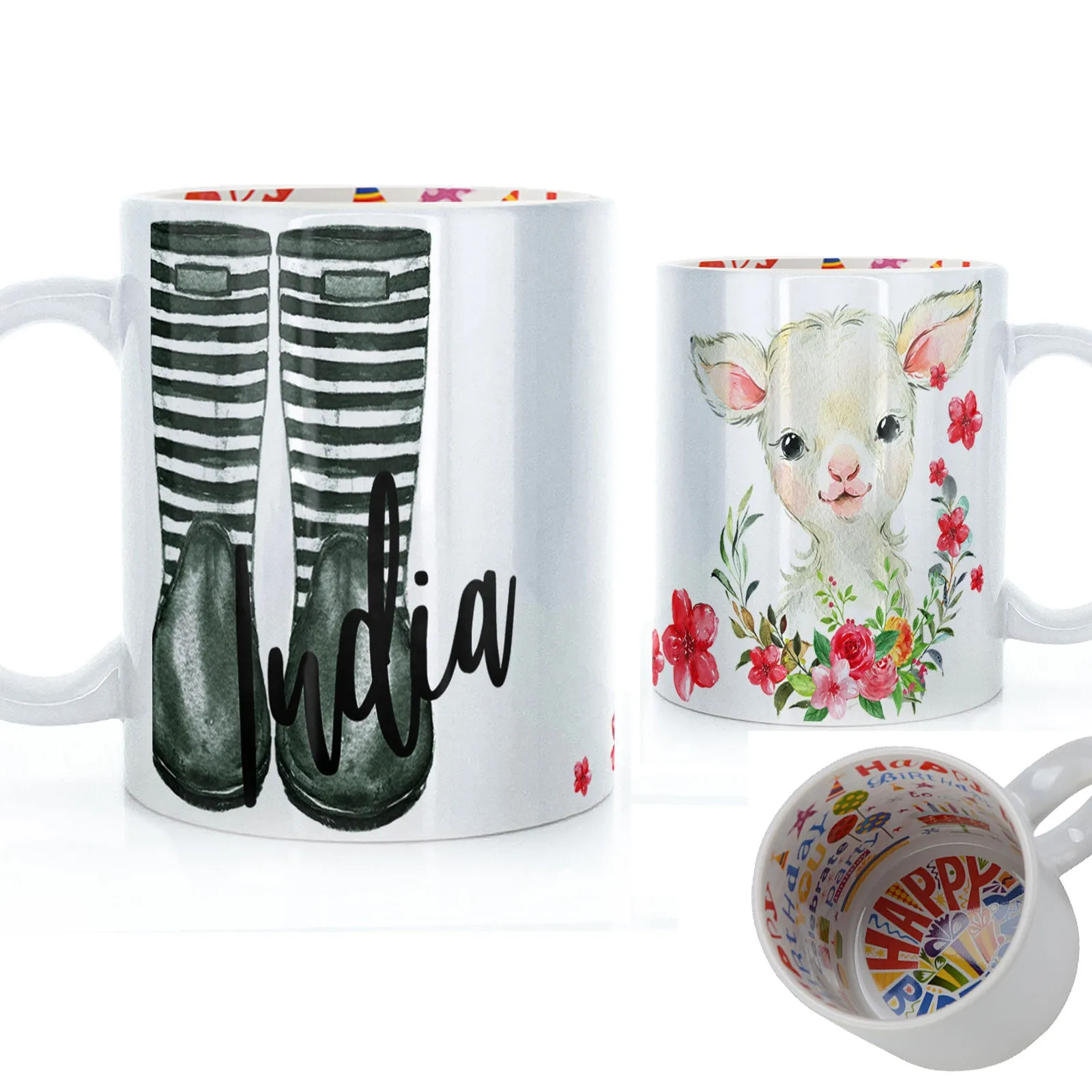 Personalised Mug with Stylish Text and Pink Flower Lamb & Green Striped Wellies