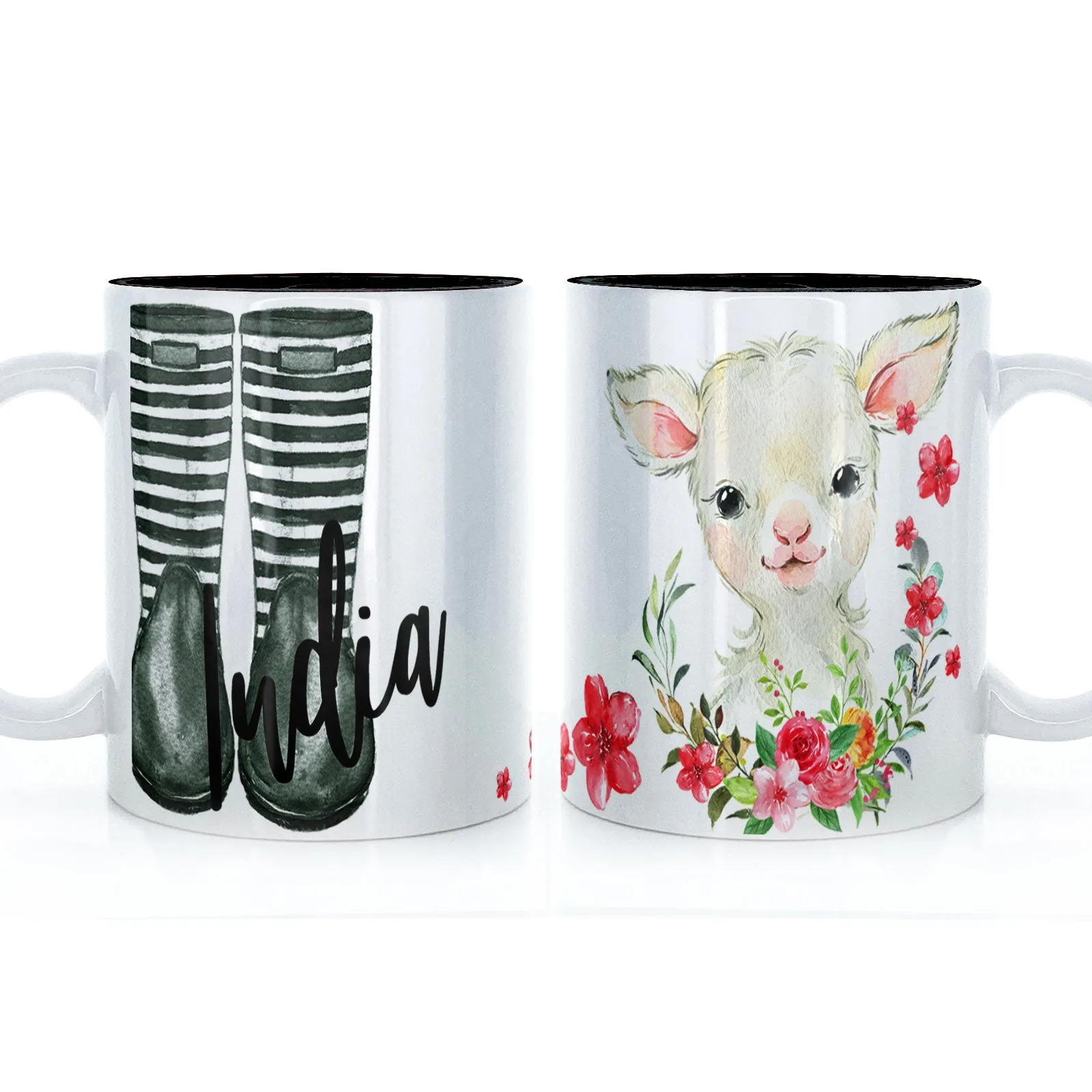 Personalised Mug with Stylish Text and Pink Flower Lamb & Green Striped Wellies