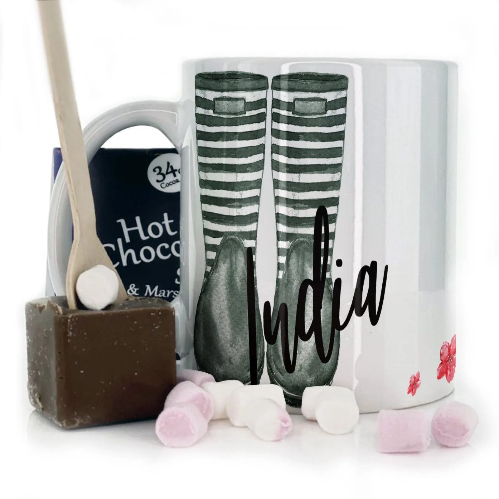Personalised Mug with Stylish Text and Pink Flower Lamb & Green Striped Wellies