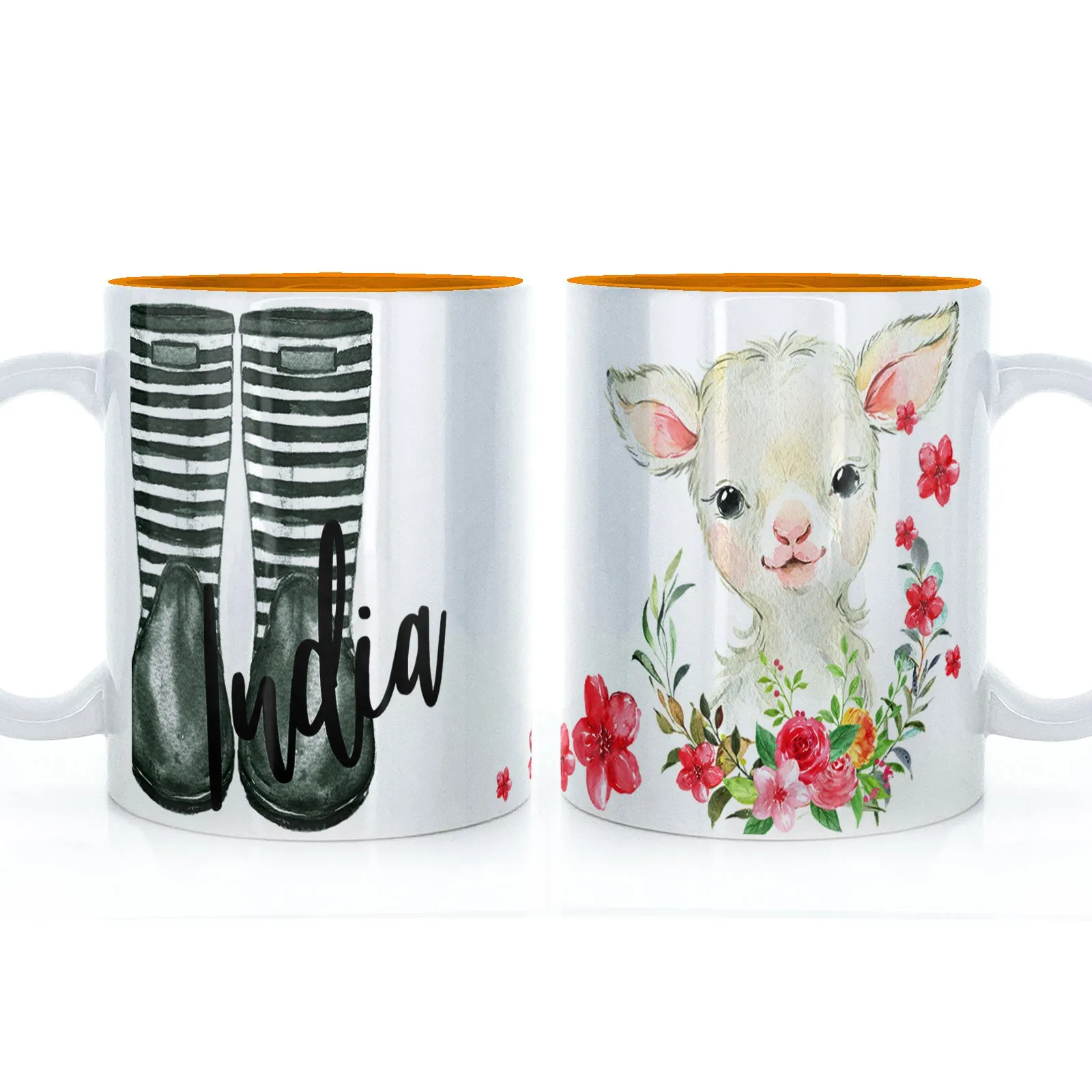Personalised Mug with Stylish Text and Pink Flower Lamb & Green Striped Wellies