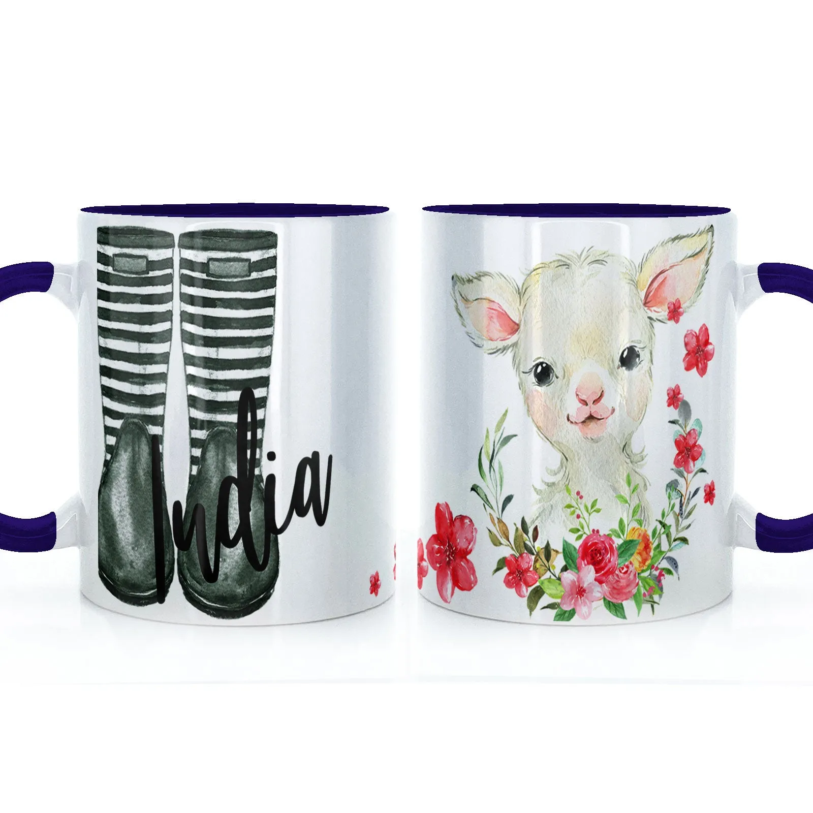 Personalised Mug with Stylish Text and Pink Flower Lamb & Green Striped Wellies