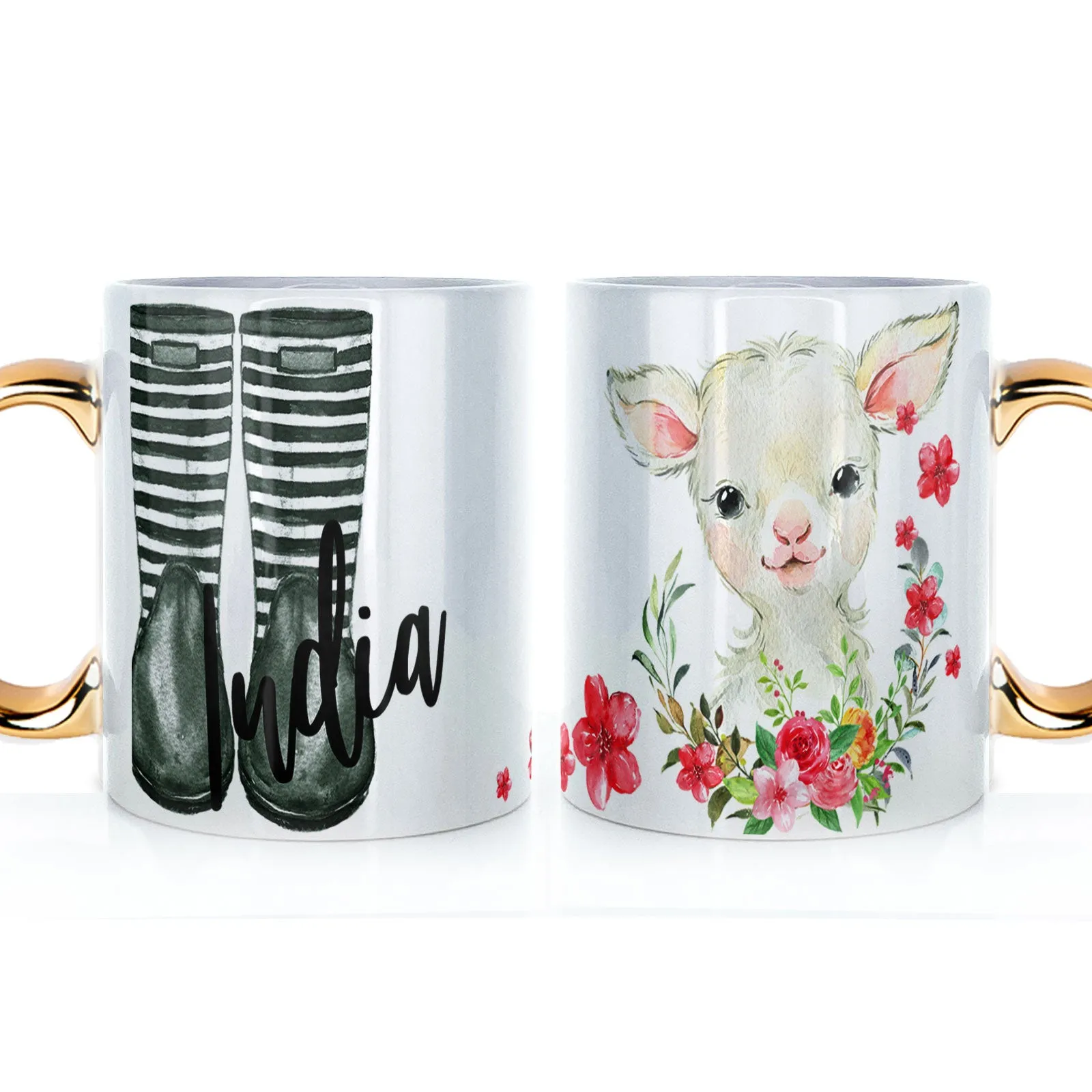 Personalised Mug with Stylish Text and Pink Flower Lamb & Green Striped Wellies