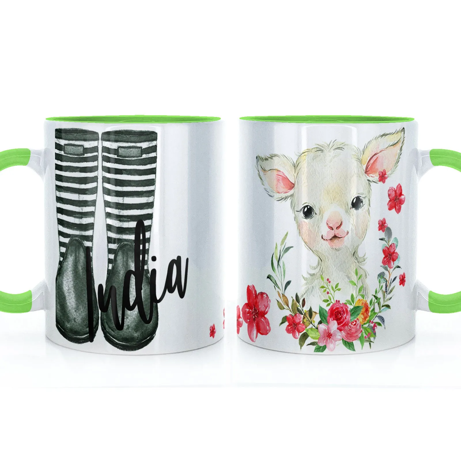 Personalised Mug with Stylish Text and Pink Flower Lamb & Green Striped Wellies