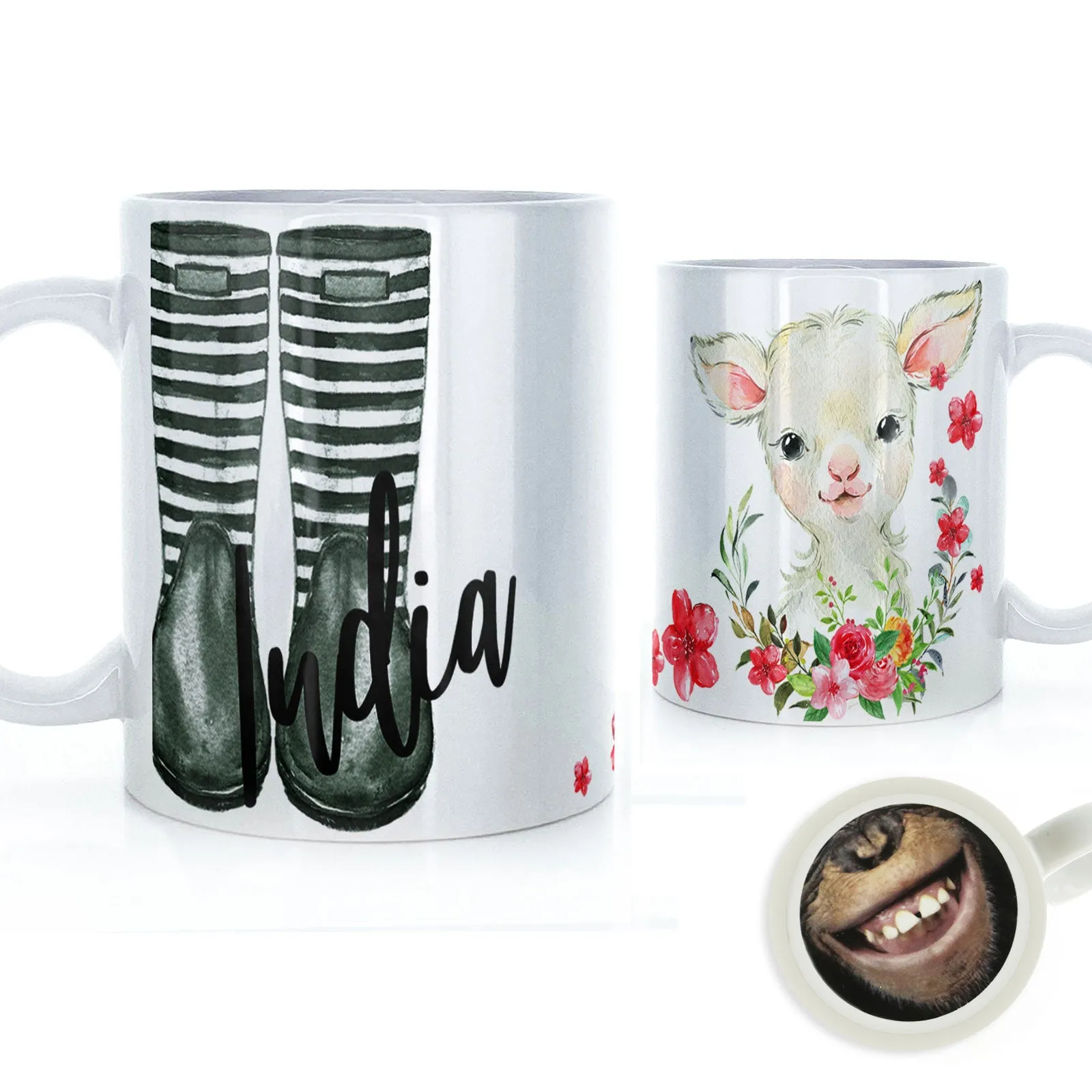 Personalised Mug with Stylish Text and Pink Flower Lamb & Green Striped Wellies