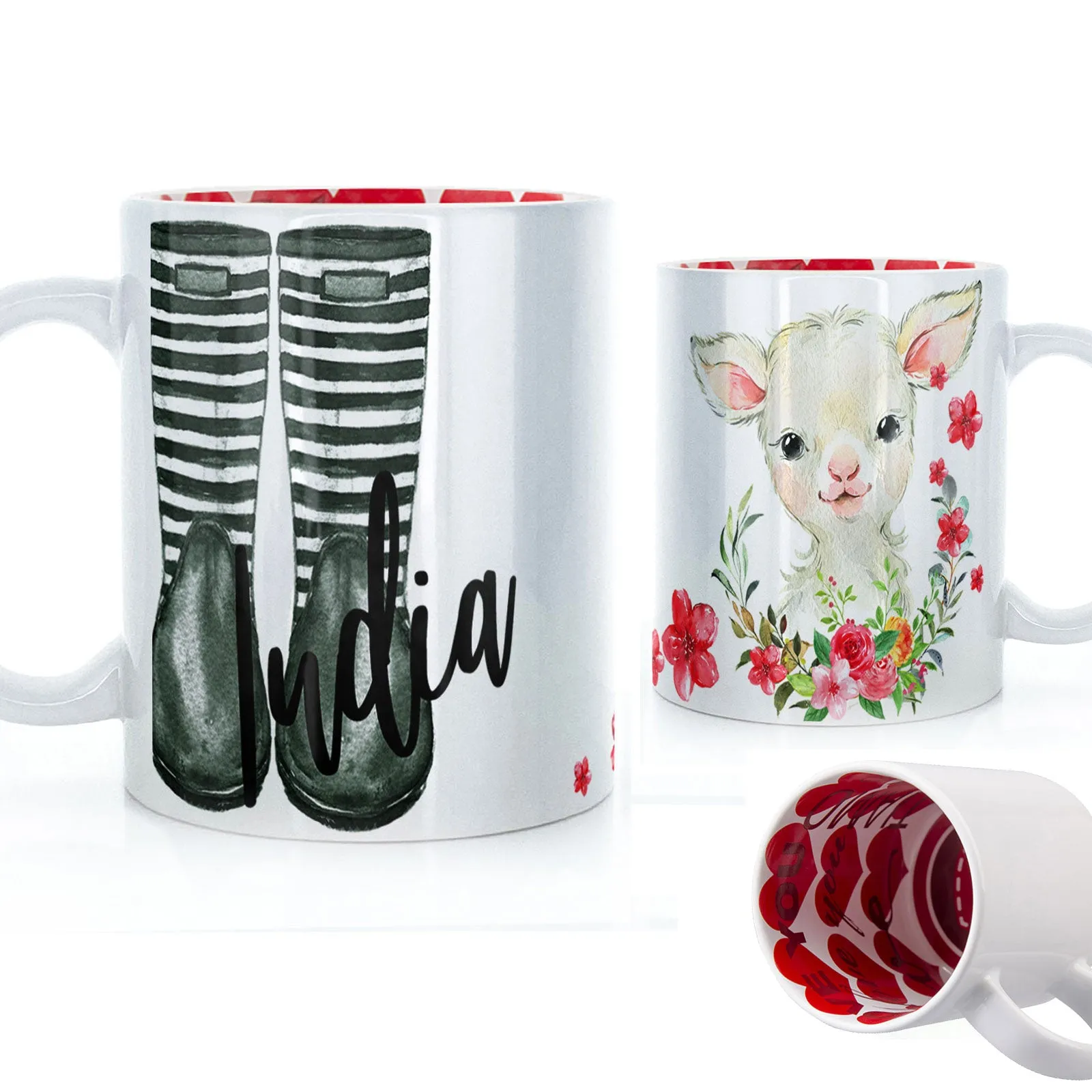 Personalised Mug with Stylish Text and Pink Flower Lamb & Green Striped Wellies