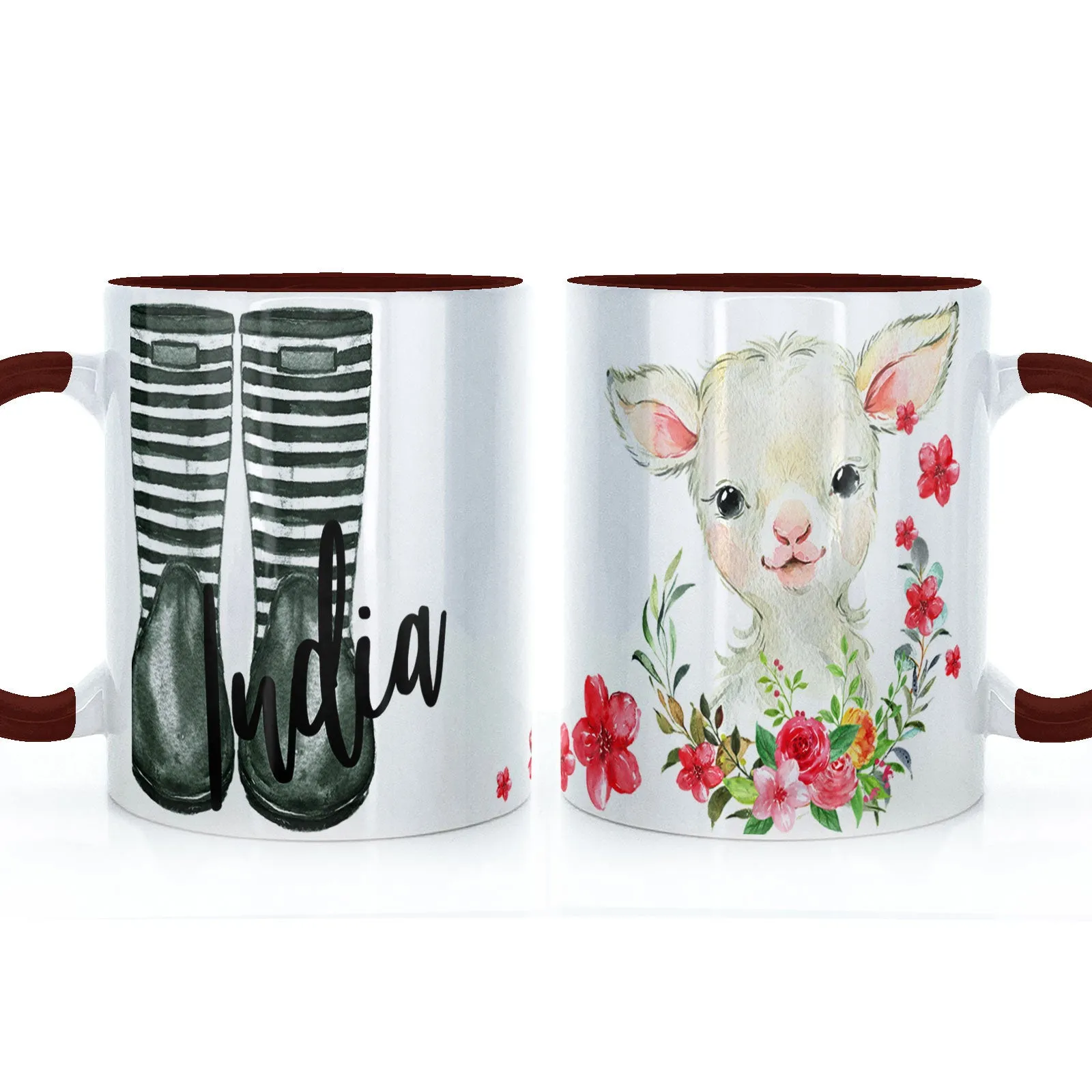 Personalised Mug with Stylish Text and Pink Flower Lamb & Green Striped Wellies