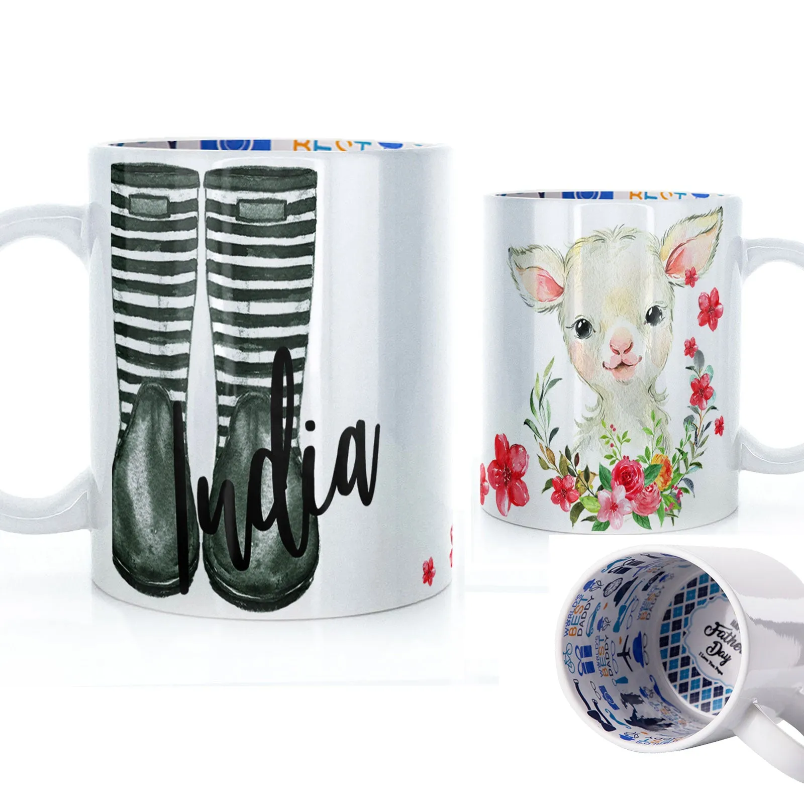 Personalised Mug with Stylish Text and Pink Flower Lamb & Green Striped Wellies