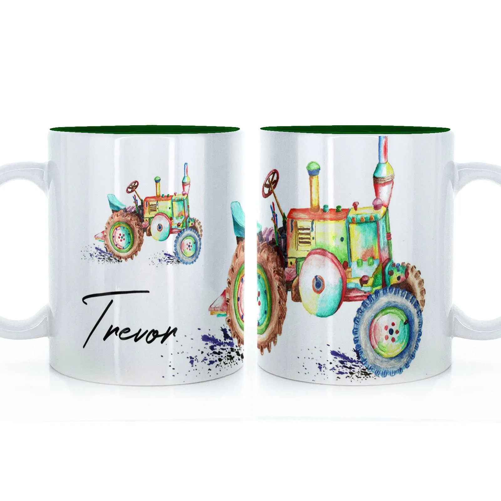 Personalised Mug with Stylish Text and Rainbow Tractor