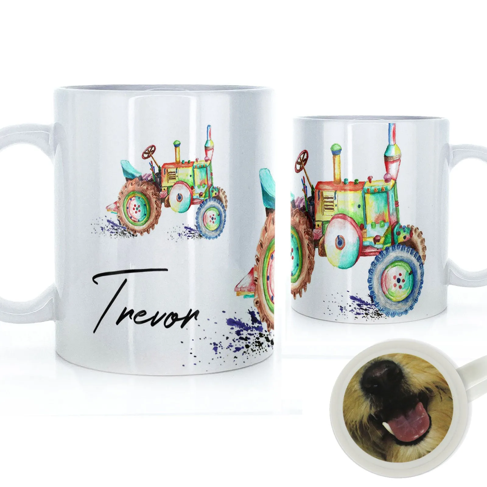 Personalised Mug with Stylish Text and Rainbow Tractor