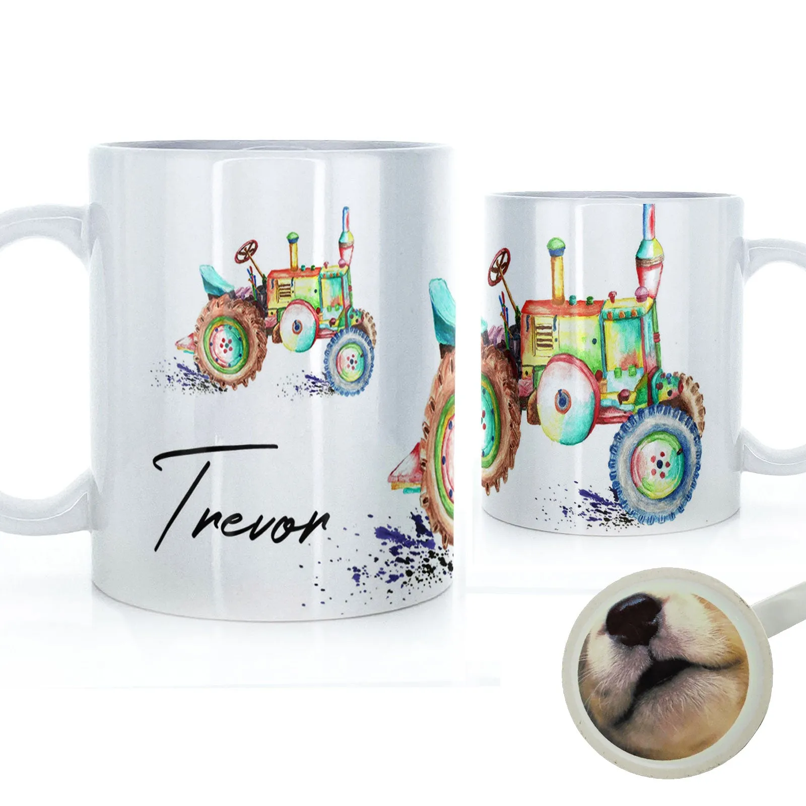 Personalised Mug with Stylish Text and Rainbow Tractor