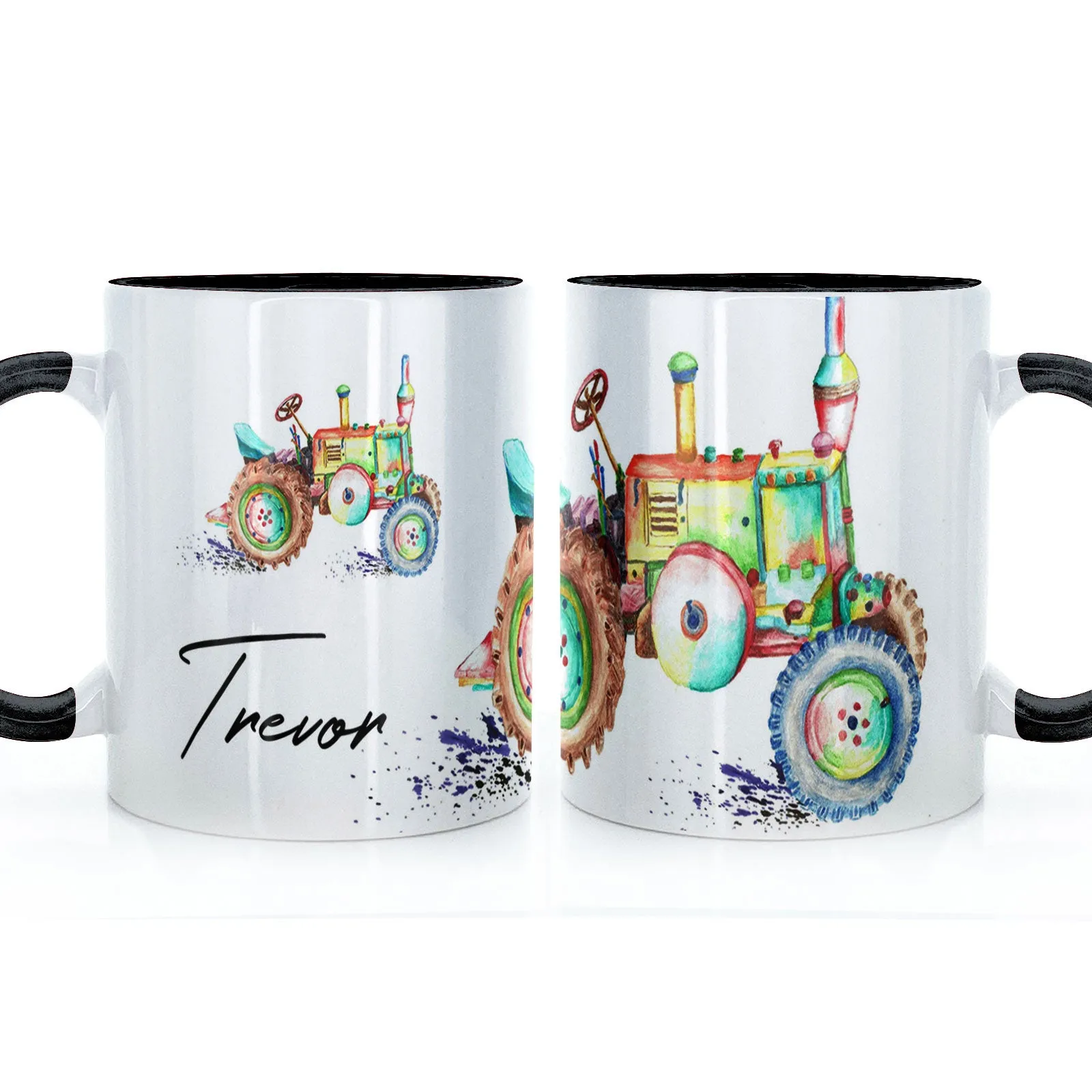 Personalised Mug with Stylish Text and Rainbow Tractor