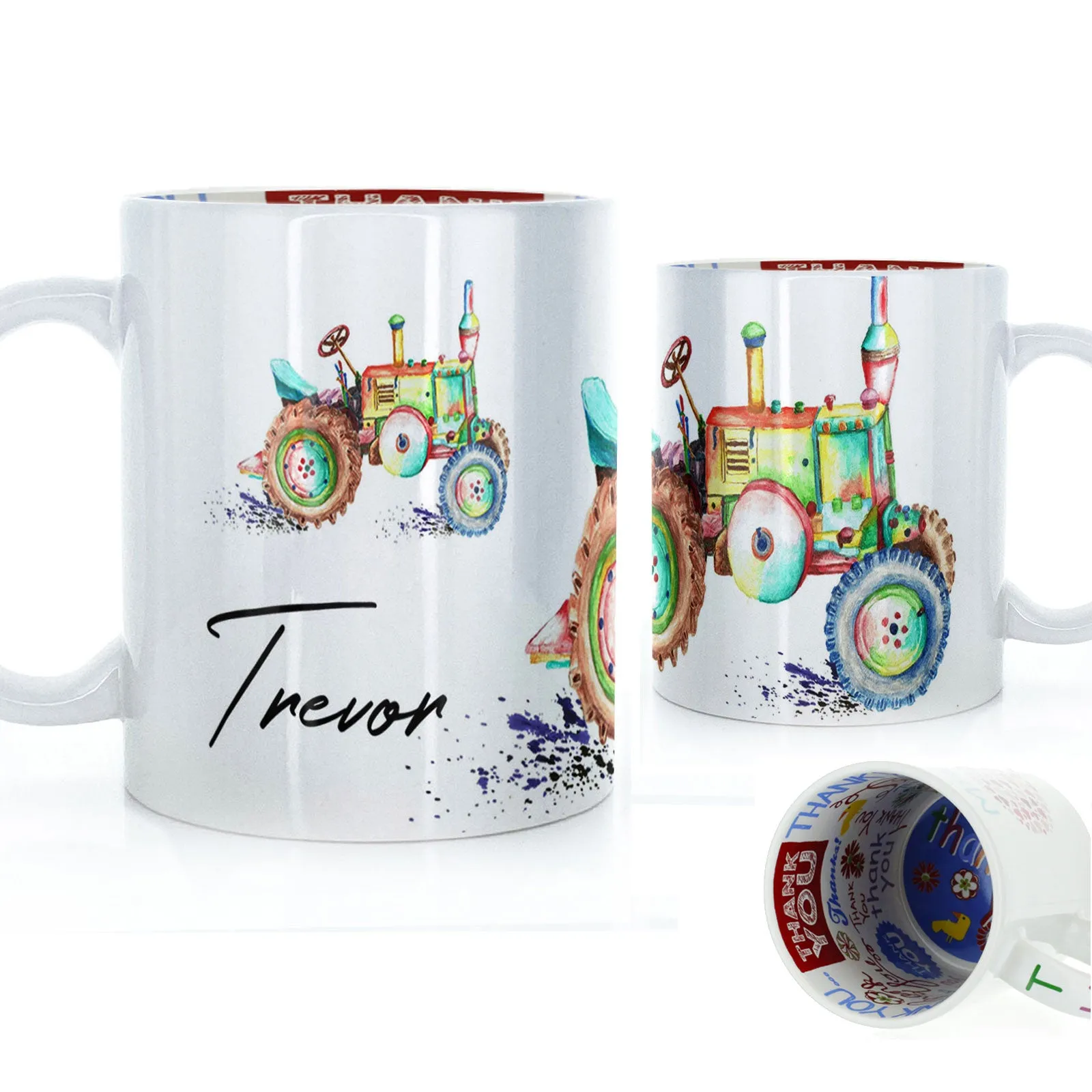 Personalised Mug with Stylish Text and Rainbow Tractor