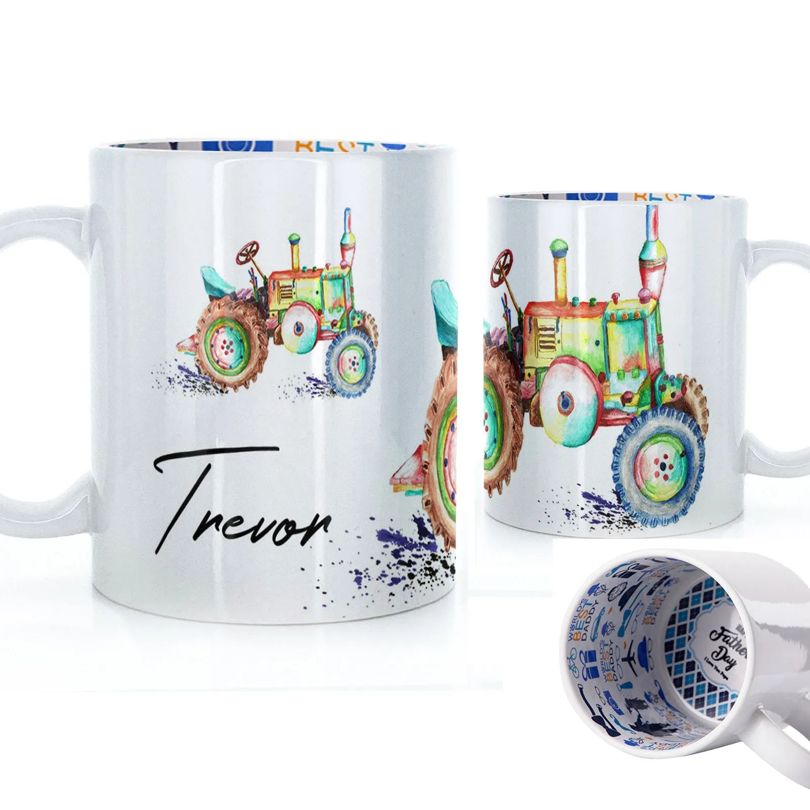 Personalised Mug with Stylish Text and Rainbow Tractor