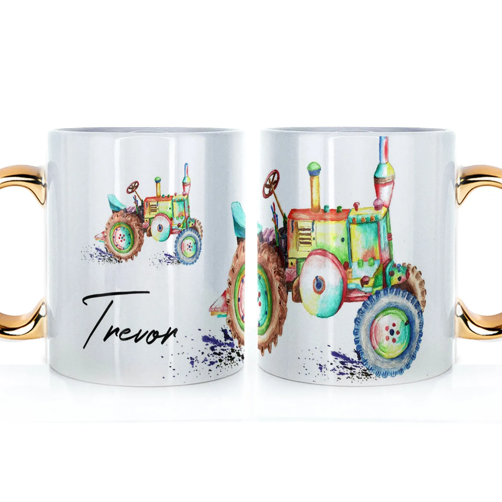 Personalised Mug with Stylish Text and Rainbow Tractor