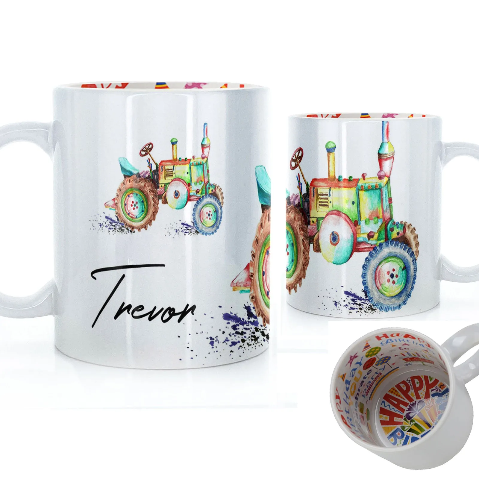 Personalised Mug with Stylish Text and Rainbow Tractor