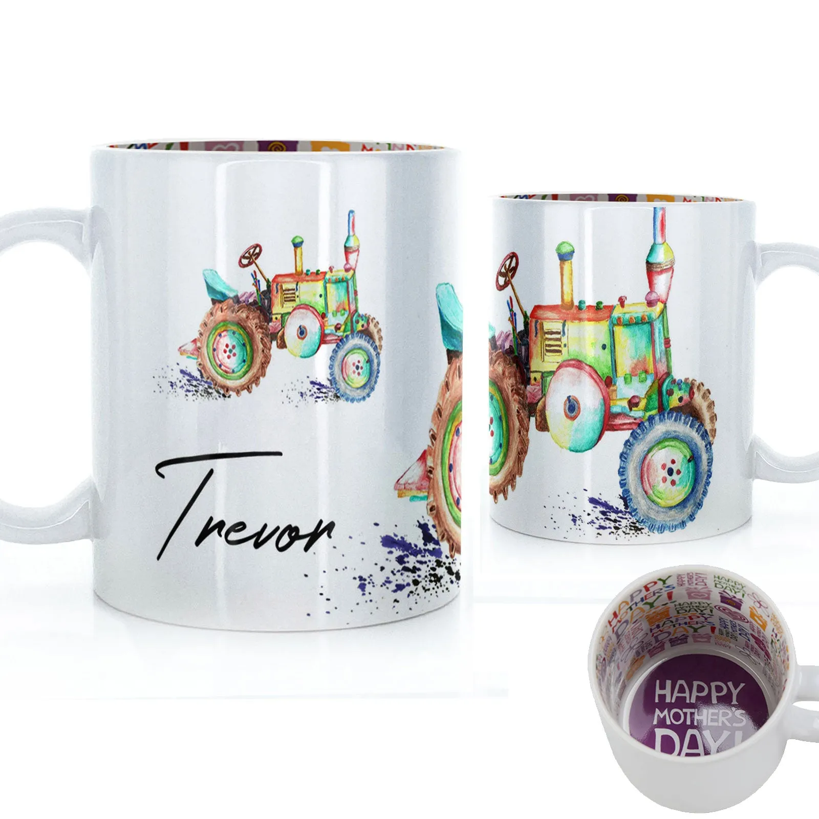 Personalised Mug with Stylish Text and Rainbow Tractor