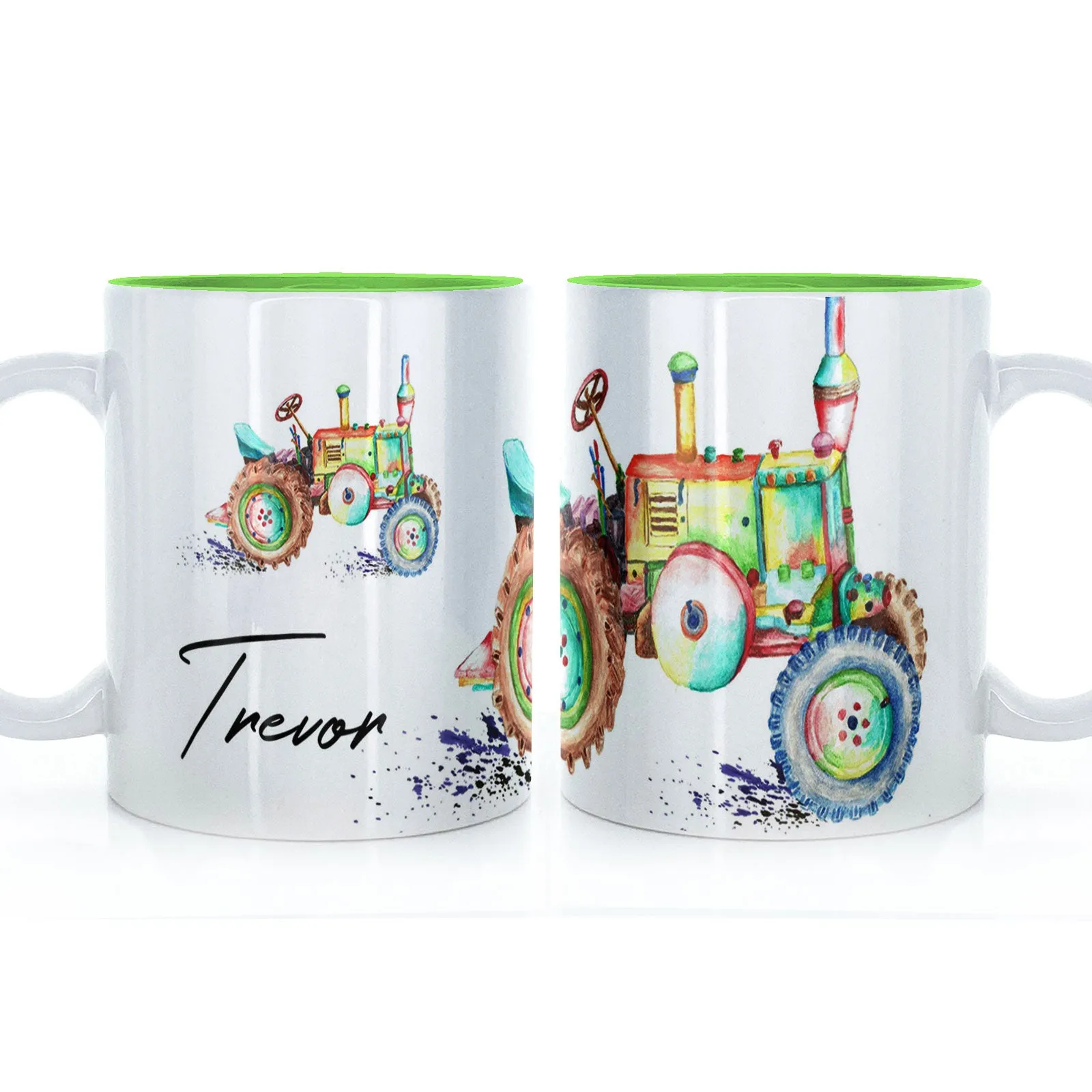 Personalised Mug with Stylish Text and Rainbow Tractor