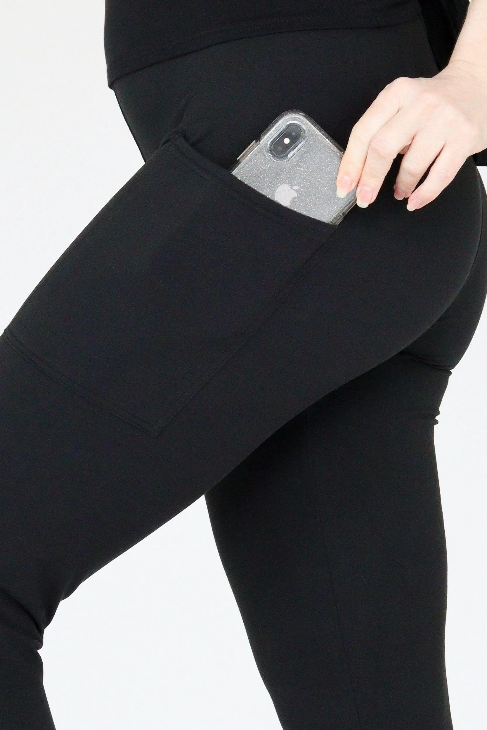 Plain Black - Casual - Capri Leggings - Pockets
