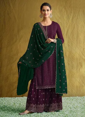 Purple and Green Embroidered Stylish Palazzo Style Suit