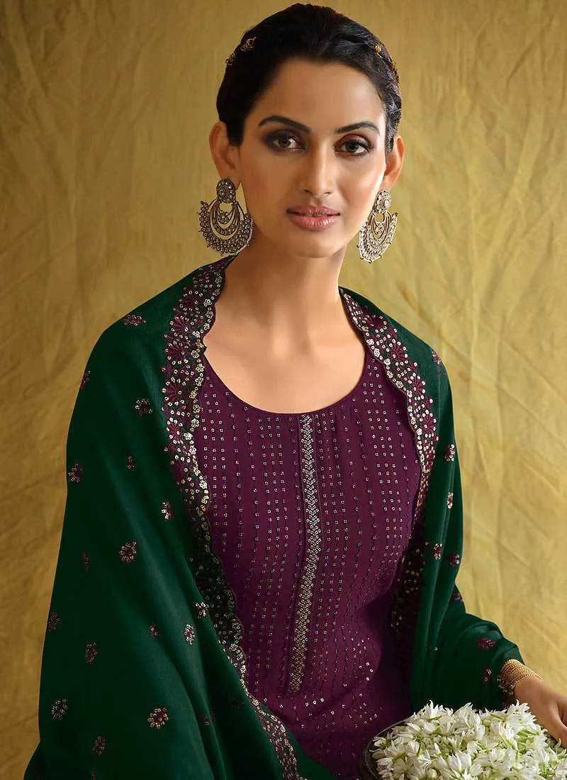 Purple and Green Embroidered Stylish Palazzo Style Suit