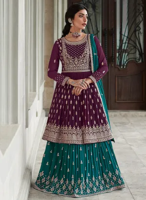 Purple and Teal Heavy Embroidered Stylish Lehenga