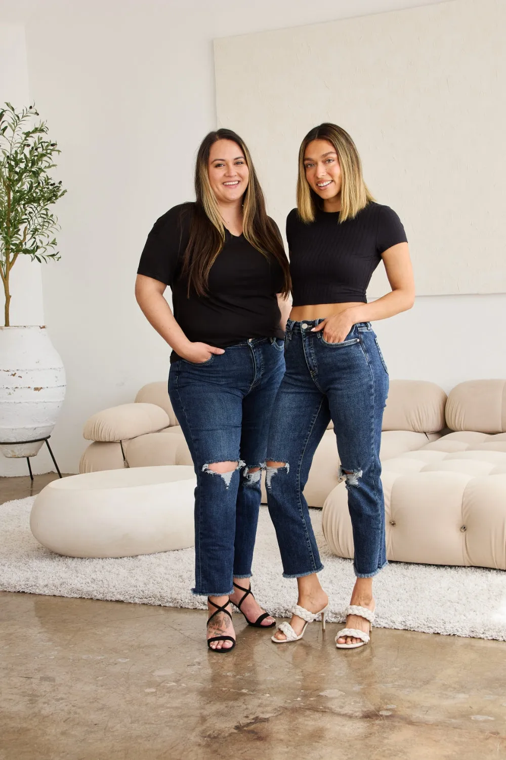 RFM Tummy Control Distressed High Waist Raw Hem Jeans